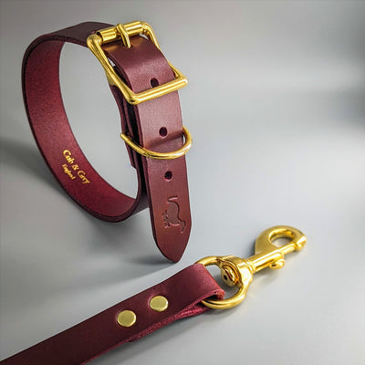 Personalised Leather Dog Collar and Lead Set in British Burgundy