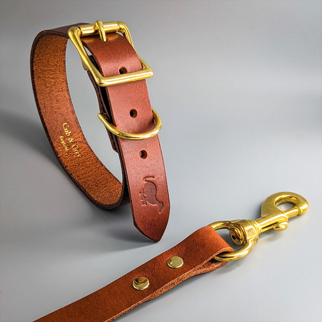 Brown Leather Dog Collar and Lead | selling Leash Collar Bag Name Tag | Matching Gift