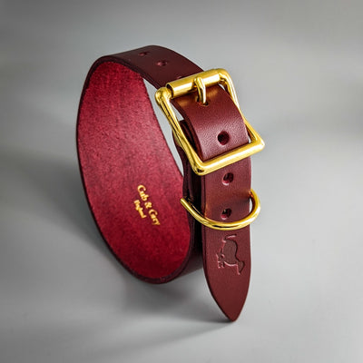 Leather Dog Collar for Hound (whippet, greyhound, lurcher) – British Burgundy and brass