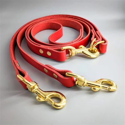 Couple Lead, leash for walking two dogs in Cavendish Red with brass